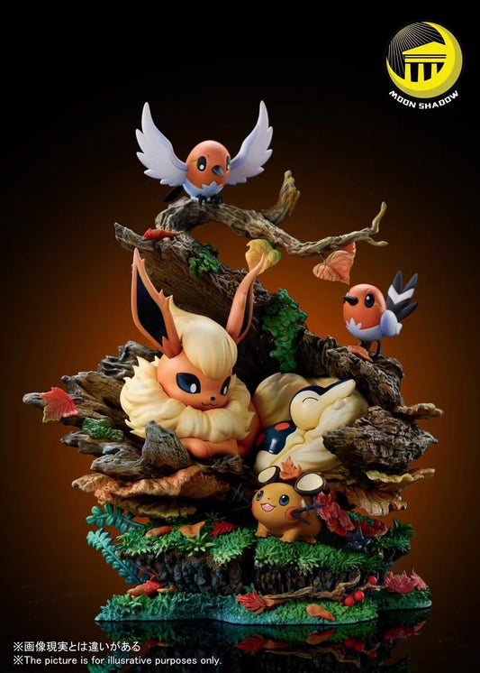 Moon Shadow Studio - Flareon, Cyndaquil, Dedenne, and Fletchling in a Natural Scene | 火伊布, 火球鼠, 咚咚鼠, 小箭雀 自然场景